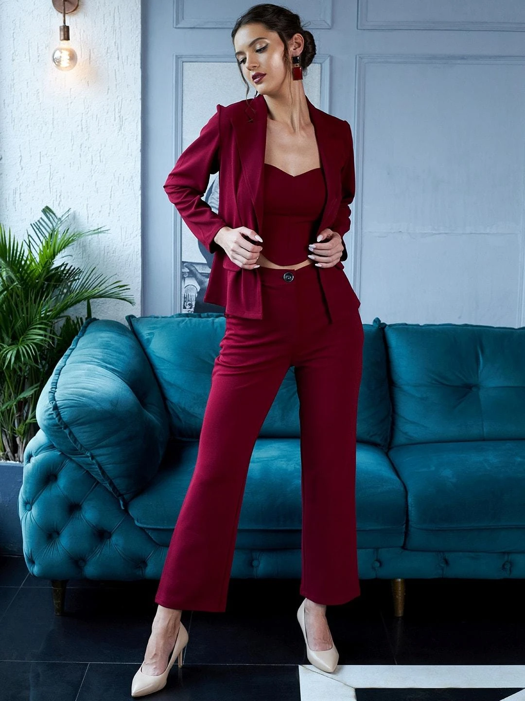 Women Maroon 3 Piece Blazer Co-Ords Set